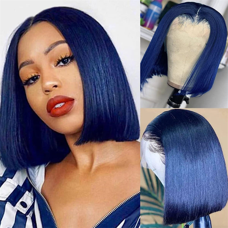 eullair Short Navy Blue Straight Lace Frontal Wig Pre Colored Hunan Ha