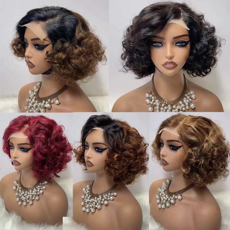 Flash Sale $119=2 Human Hair Wigs| Buy Colored Bouncy Curl 4x4 Side Part Wig Get a Blonde Non Lace Pixie Cut Wig For Free