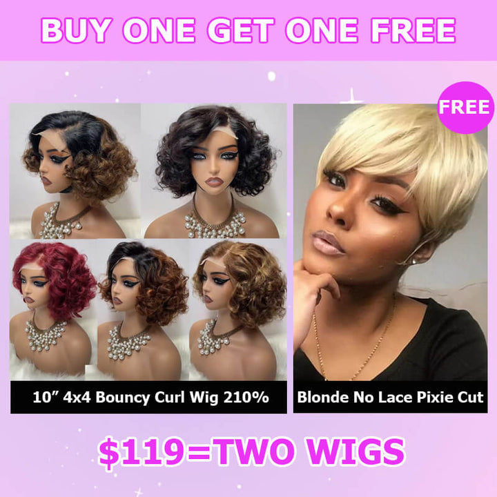 Flash Sale $119=2 Human Hair Wigs| Buy Colored Bouncy Curl 4x4 Side Part Wig Get a Blonde Non Lace Pixie Cut Wig For Free