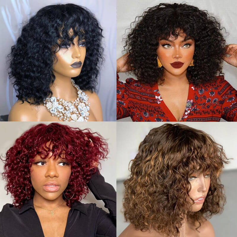 Flash Sale $119=2 Human Hair Wigs| Buy Colored Non Lace Water Wave Bangs Bob Wig Get a Straight 4x4 BOB Wig For Free