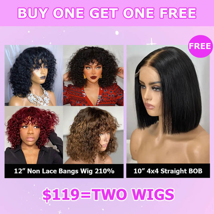 Flash Sale $119=2 Human Hair Wigs| Buy Colored Non Lace Water Wave Bangs Bob Wig Get a Straight 4x4 BOB Wig For Free