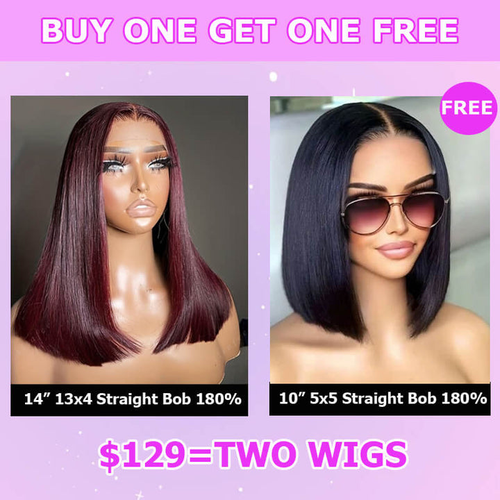 Flash Sale $129=2 Human Hair Wigs| Buy Dark #99J Straight 13x4 Lace Frontal Bob Wig Get a Straight 5x5 Bob Wig For Free