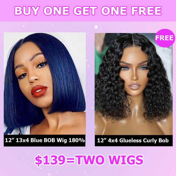 Flash Sale $139=2 Human Hair Wigs| Buy Dak Blue 13x4 Lace Frontal Bob Wig Get a 4x4 Glueless Curly Bob Wig For Free