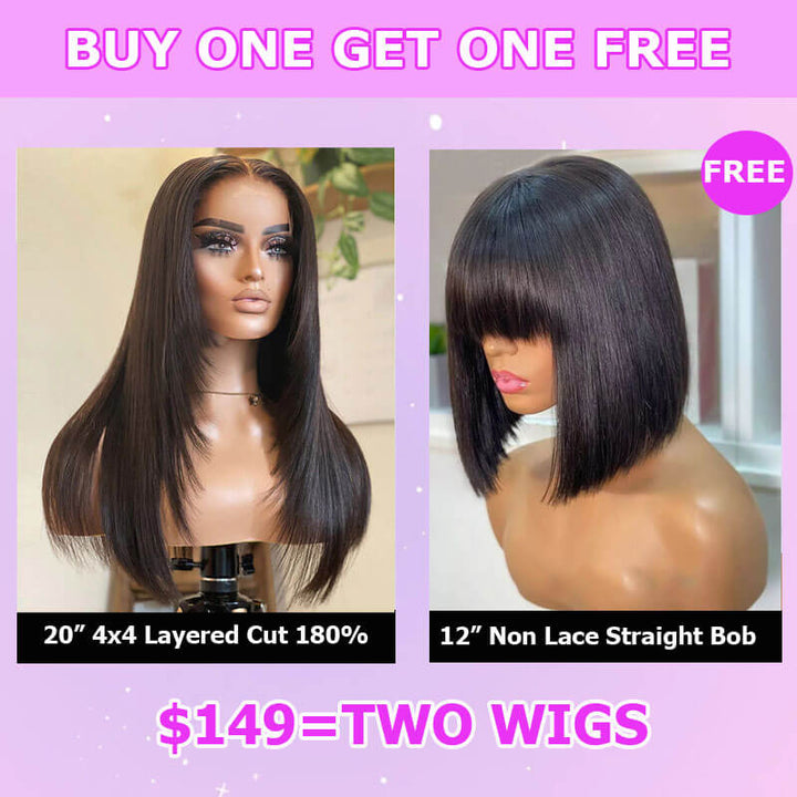 Flash Sale $149=2 Human Hair Wigs| Buy 20inch Layered Cut Straight 4x4 Lace Wig Get a 12" Straight Bangs Bob Wig For Free