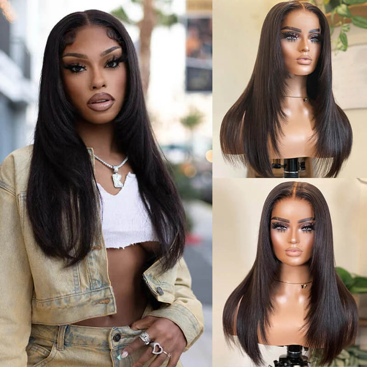 Flash Sale $149=2 Human Hair Wigs| Buy 20inch Layered Cut Straight 4x4 Lace Wig Get a 12" Straight Bangs Bob Wig For Free