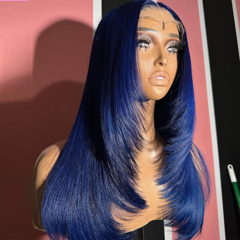 Flash Sale $159=2 Human Hair Wigs| Buy Dak Blue Layered Cut 13x4 Lace Frontal Wig Get a Straight 4x4 Bob Wig For Free