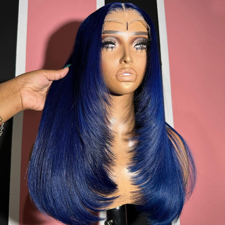 Flash Sale $159=2 Human Hair Wigs| Buy Dak Blue Layered Cut 13x4 Lace Frontal Wig Get a Straight 4x4 Bob Wig For Free