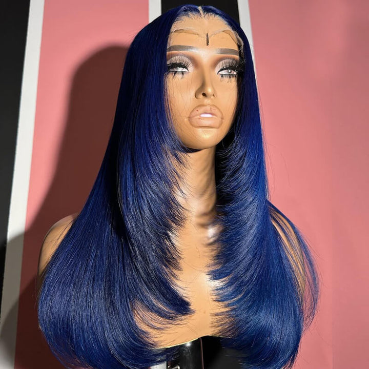 Flash Sale $159=2 Human Hair Wigs| Buy Dak Blue Layered Cut 13x4 Lace Frontal Wig Get a Straight 4x4 Bob Wig For Free