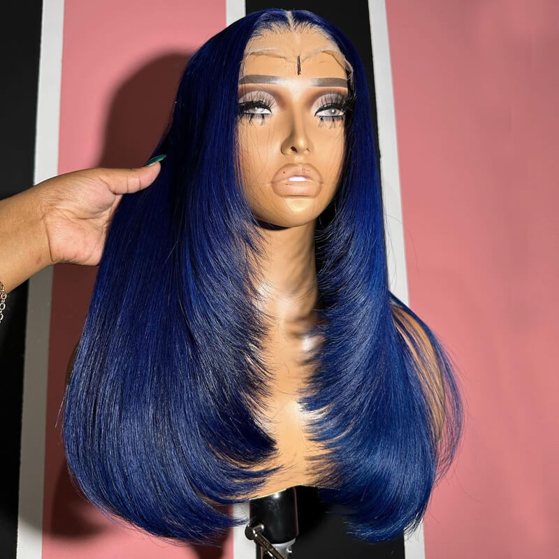 Flash Sale $159=2 Human Hair Wigs| Buy Dak Blue Layered Cut 13x4 Lace Frontal Wig Get a Straight 4x4 Bob Wig For Free