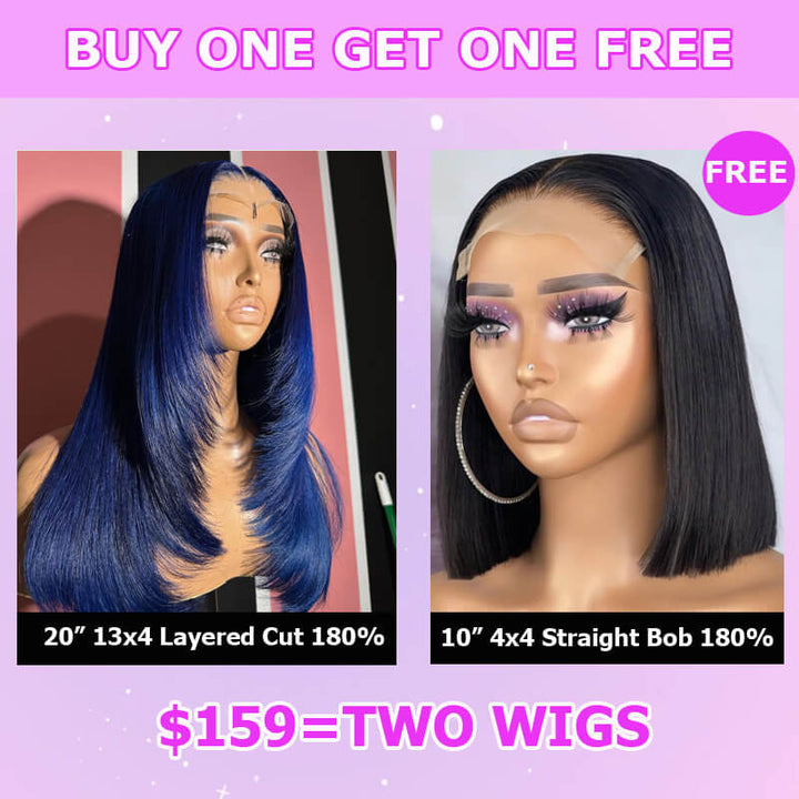 Flash Sale $159=2 Human Hair Wigs| Buy Dak Blue Layered Cut 13x4 Lace Frontal Wig Get a Straight 4x4 Bob Wig For Free