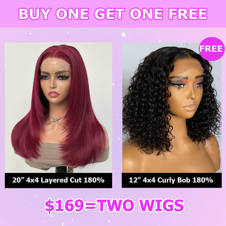 Flash Sale $169=2 Human Hair Wigs| Buy Layered Cut Burgundy Straight 4x4 Lace Wig Get a Curly 4x4 Bob Wig For Free