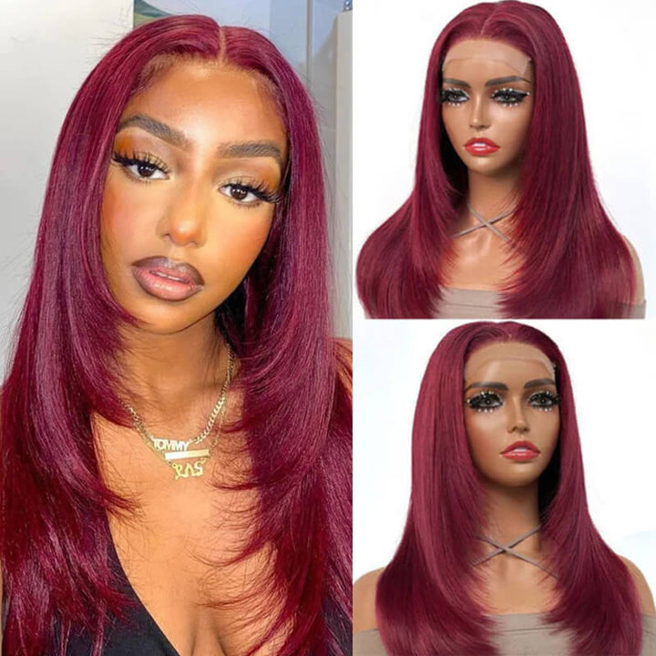 Flash Sale $169=2 Human Hair Wigs| Buy Layered Cut Burgundy Straight 4x4 Lace Wig Get a Curly 4x4 Bob Wig For Free