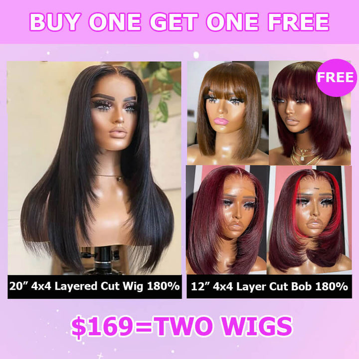 Flash Sale $169=2 Human Hair Wigs| Buy Layered Cut Straight 4x4 Lace Wig Get a Colored Straight 4x4 Bob Wig For Free