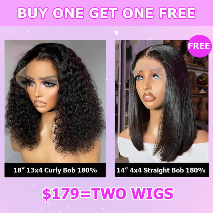 Flash Sale $179=2 Human Hair Wigs| Buy 18inch 13x4 Lace Frontal Curly Bob Wig 180% Get a 14inch Straight 4x4 Bob Wig For Free