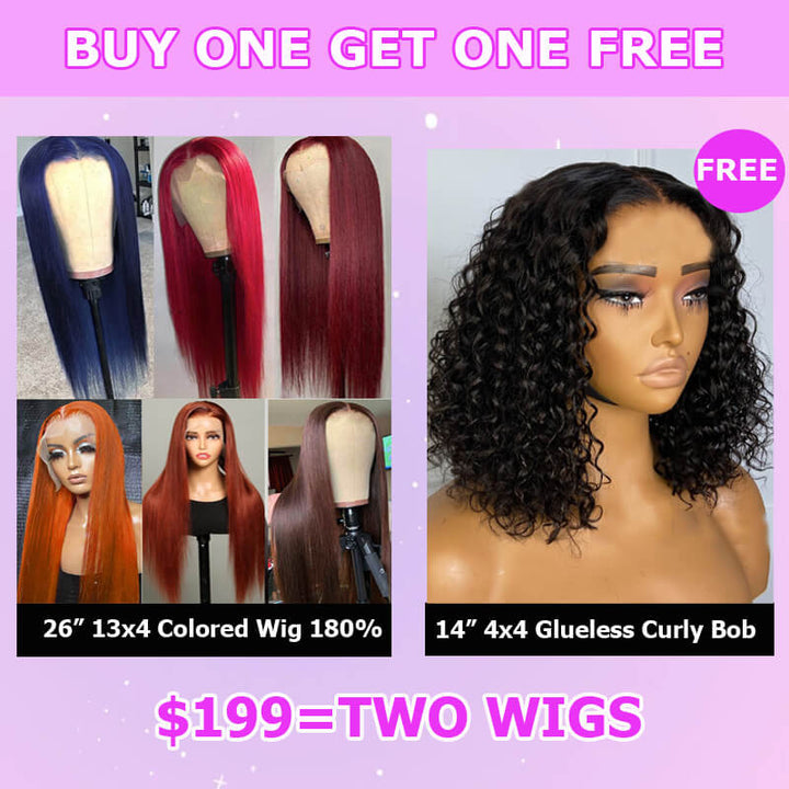 Flash Sale $199=2 Human Hair Wigs| Buy 26inch Colored Straight 13x4 Lace Wig Get a 14inch Curly Glueless 4x4 Bob Wig For Free