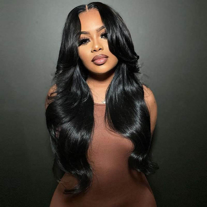 eullair Popular Butterfly Straight Human Hair Wig With Curtain Bangs Wavy #99J Colored Layered Cut Lace Frontal Wig