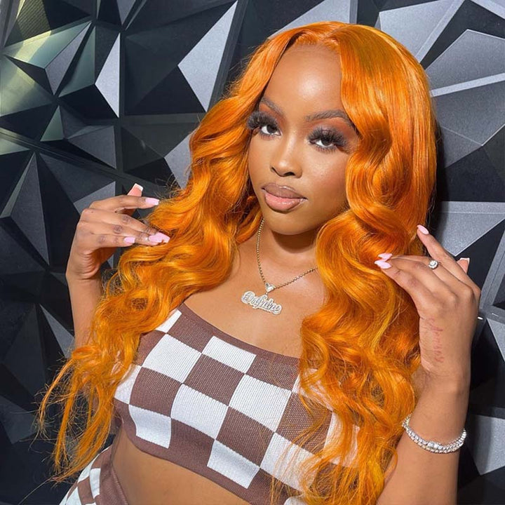 eullair #350 Orange Layered Cut Body Wave Wavy Wig Gluelesss Pre Colored Human Hair Lace Frontal Wig