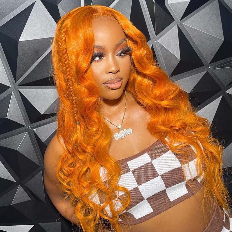 eullair #350 Orange Layered Cut Body Wave Wavy Wig Gluelesss Pre Colored Human Hair Lace Frontal Wig