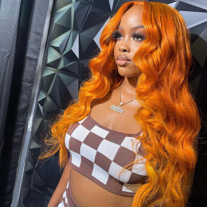 eullair #350 Orange Layered Cut Body Wave Wavy Wig Gluelesss Pre Colored Human Hair Lace Frontal Wig