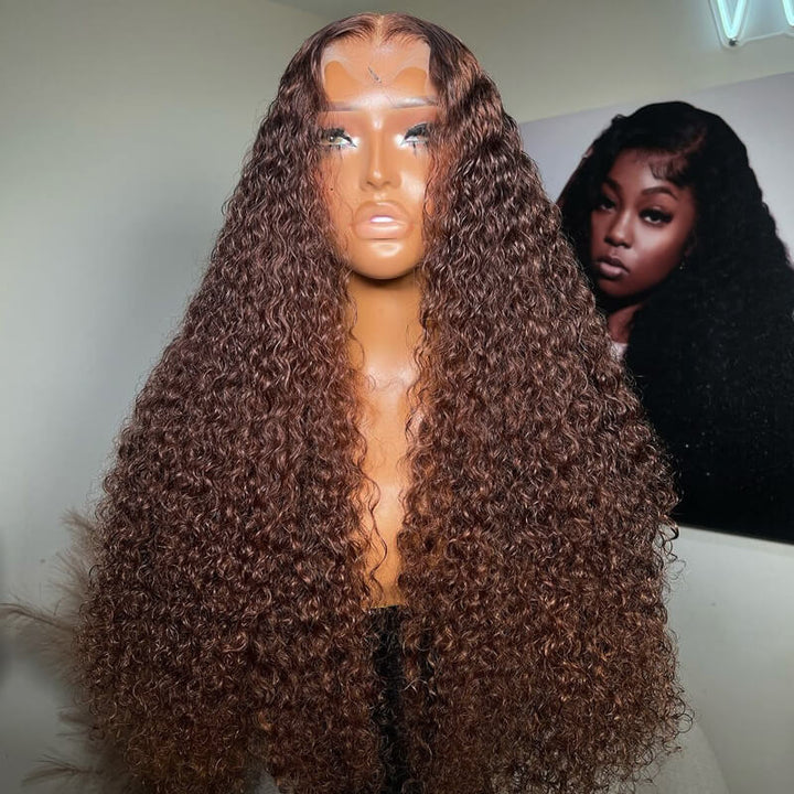 eullair Dark Brown Curly Lace Frontal Wig Affordable Reddish Brown Glueless Human Hair Wig