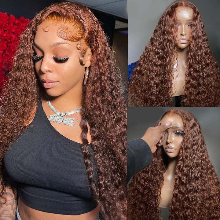 Flash Sale eullair Pre Colored Human Hair Curly Wig Burgundy/ Brown/ Highlight 13x4 Lace Frontal Wig