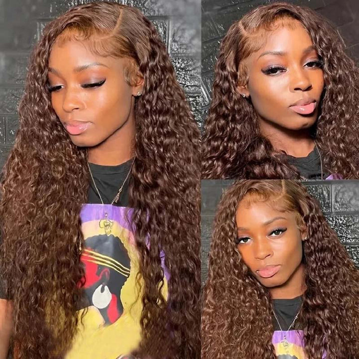 Flash Sale eullair Pre Colored Human Hair Curly Wig Burgundy/ Brown/ Highlight 13x4 Lace Frontal Wig