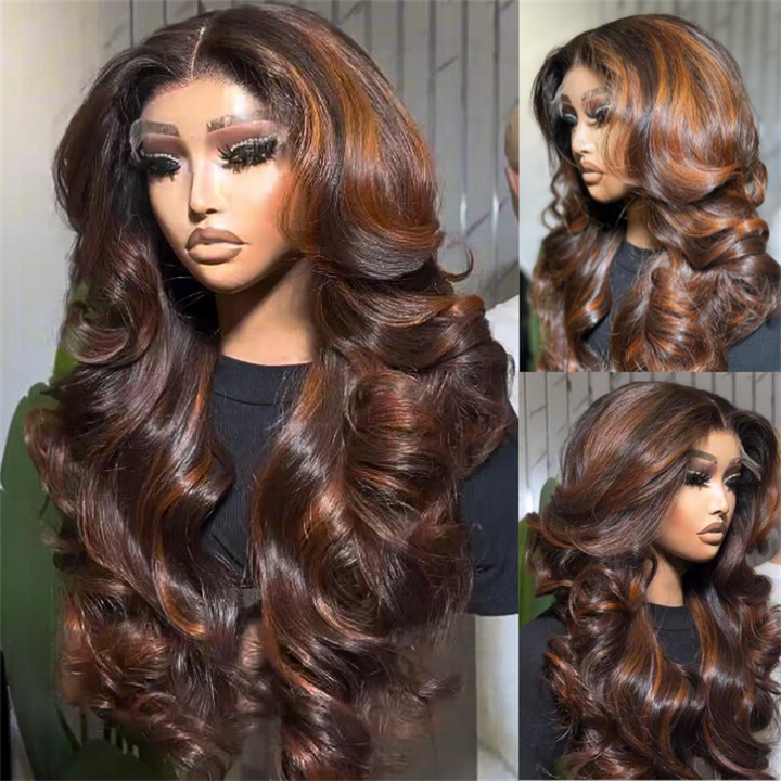 eullair Highlight Brown Loose Wave Human Hair Wigs with Curtain Bangs 6x4 Glueless/13x4 Lace Frontal Undetectable Clear Transparent Lace Wigs