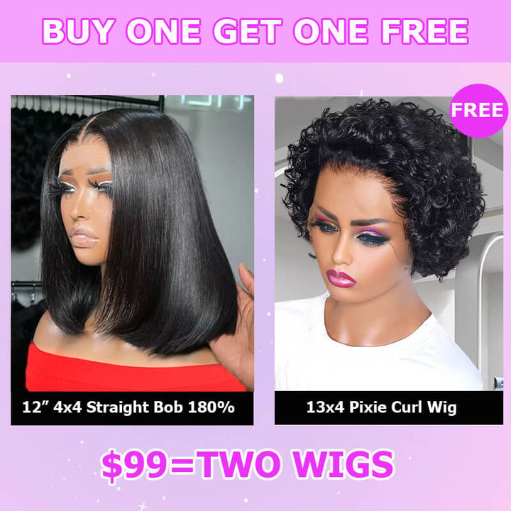 Flash Sale $99=2 Human Hair Wigs| Buy Straight 4x4 Lace Closure Bob Wig Get a Short  Colored 13x4 Pixie Curl Wig For Free