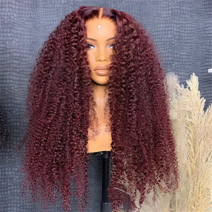 eullair #99J Burgundy Kinky Curly Lace Frontal Wig Affordable Glueless Human Hair Wig