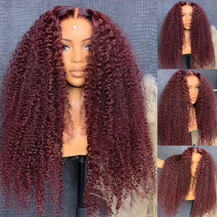 eullair #99J Burgundy Kinky Curly Lace Frontal Wig Affordable Glueless Human Hair Wig