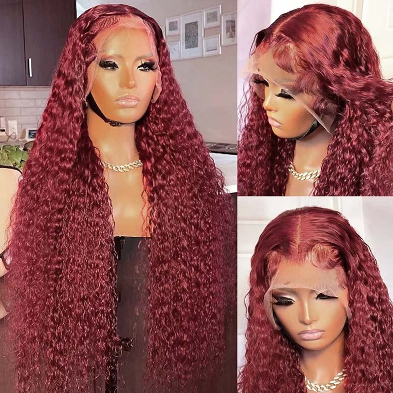 Flash Sale eullair Pre Colored Human Hair Curly Wig Burgundy/ Brown/ Highlight 13x4 Lace Frontal Wig