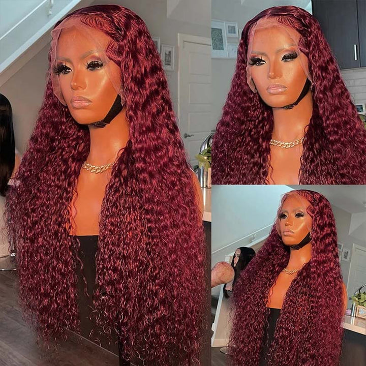 Flash Sale eullair Pre Colored Human Hair Curly Wig Burgundy/ Brown/ Highlight 13x4 Lace Frontal Wig