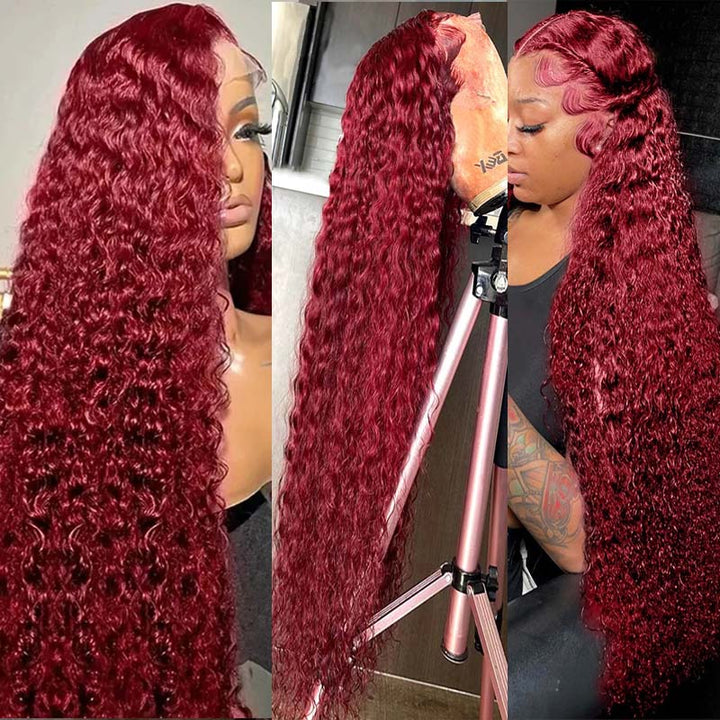 Flash Sale eullair Pre Colored Human Hair Curly Wig Burgundy/ Brown/ Highlight 13x4 Lace Frontal Wig