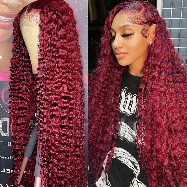 Flash Sale eullair Pre Colored Human Hair Curly Wig Burgundy/ Brown/ Highlight 13x4 Lace Frontal Wig