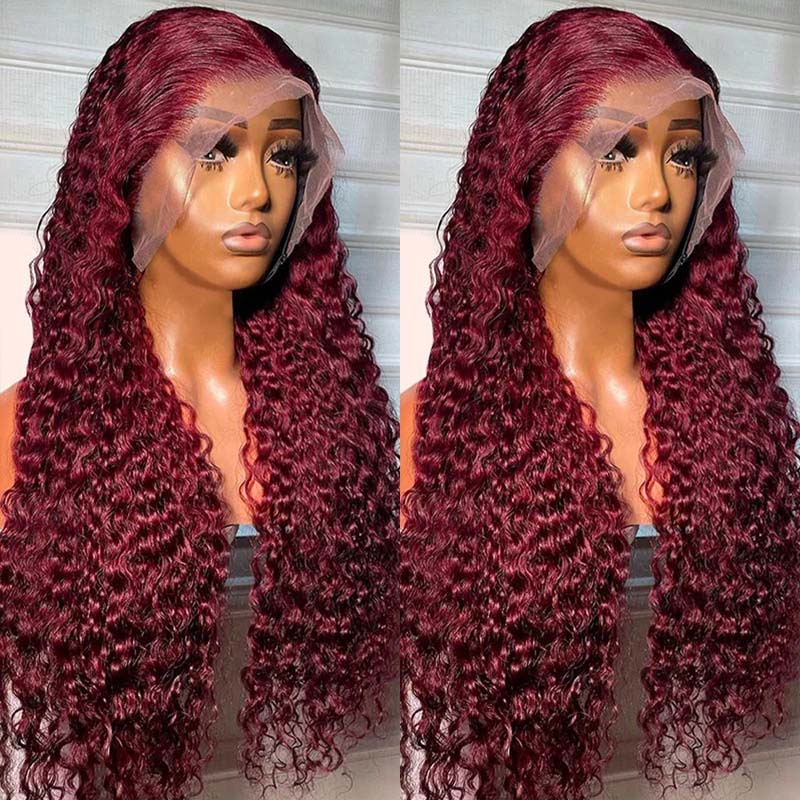 Flash Sale eullair Pre Colored Human Hair Curly Wig Burgundy/ Brown/ Highlight 13x4 Lace Frontal Wig