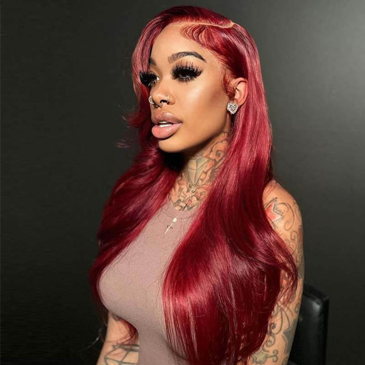 eullair Popular Butterfly Straight Human Hair Wig With Curtain Bangs Wavy #99J Colored Layered Cut Lace Frontal Wig