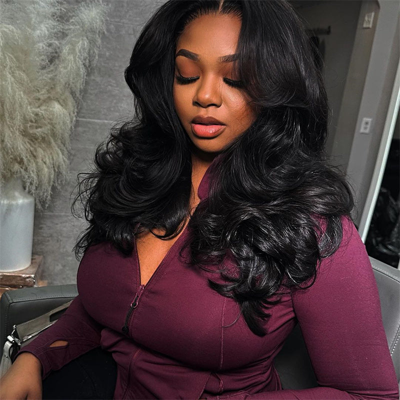 eullair Popular Butterfly Loose Wavy Wig With Curtain Bangs eullair Body Wave Layered Cut Human Hair Lace Frontal Wig