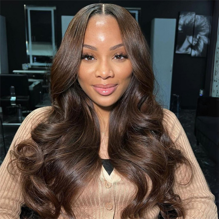 eullair Brown Straight Human Hair Wig Curtain Bangs Wavy Lace Frontal Wig Body Wave Glueless Wig