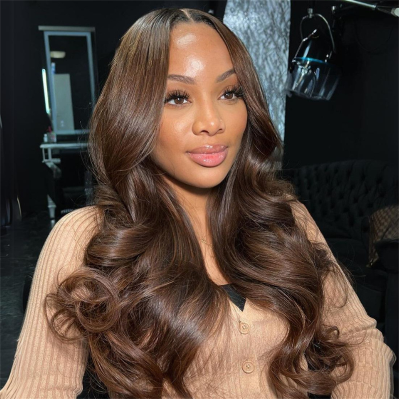 eullair Brown Straight Human Hair Wig Curtain Bangs Wavy Lace Frontal Wig Body Wave Glueless Wig