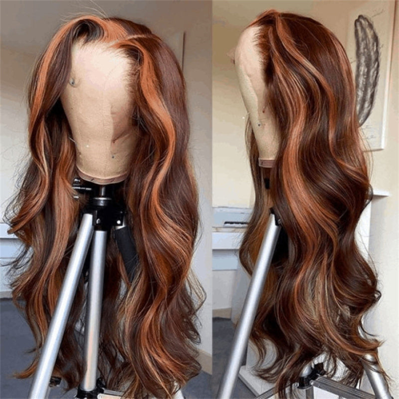 eullair Dark Brown with Ginger Highlight Body Wave Wig Glueless Lace Frontal Human Hair Wig