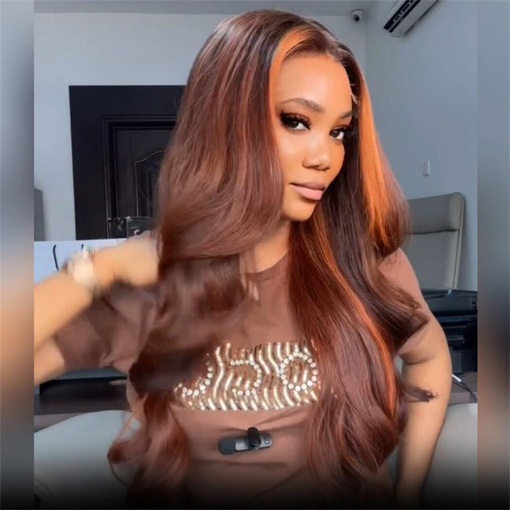 eullair Dark Brown with Ginger Highlight Body Wave Wig Glueless Lace Frontal Human Hair Wig