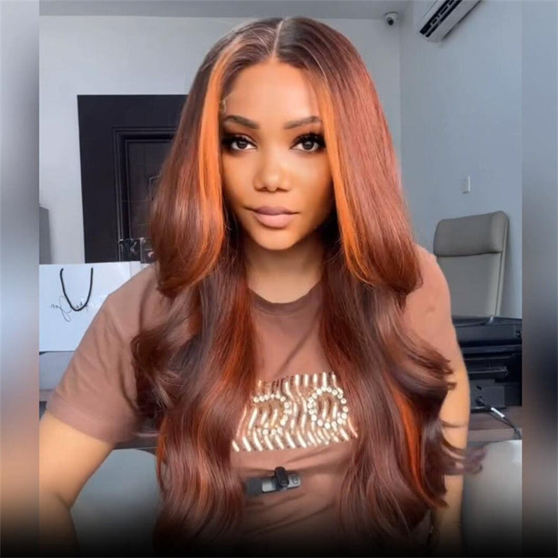 eullair Dark Brown with Ginger Highlight Body Wave Wig Glueless Lace Frontal Human Hair Wig