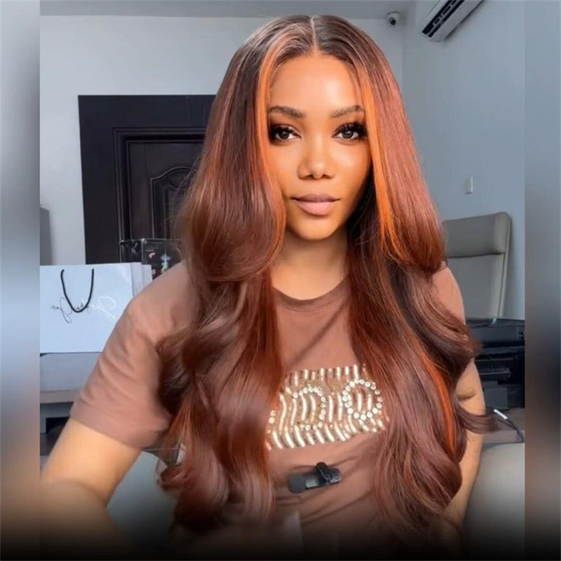 eullair Dark Brown with Ginger Highlight Body Wave Wig Glueless Lace Frontal Human Hair Wig