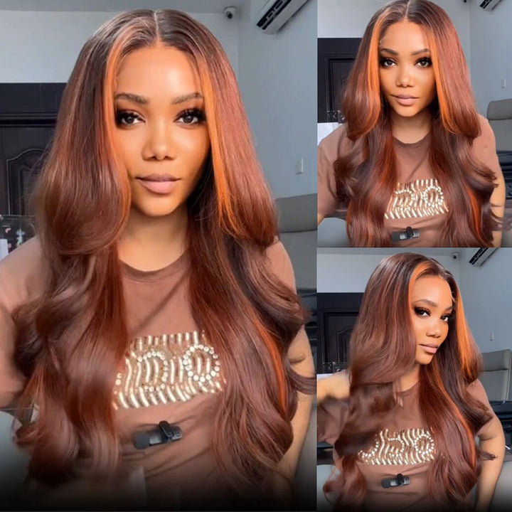 eullair Dark Brown with Ginger Highlight Body Wave Wig Glueless Lace Frontal Human Hair Wig