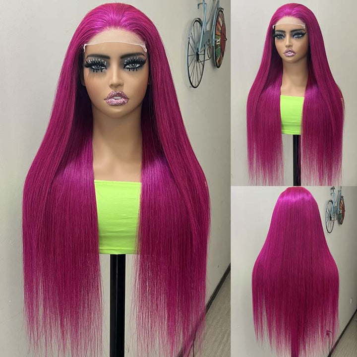 eullair New Fuchsia Pink Straight Human Hair Wig Rose Red Body Wave Lace Frontal Wig For Women