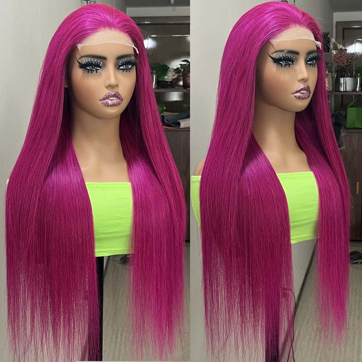 eullair New Fuchsia Pink Straight Human Hair Wig Rose Red Body Wave Lace Frontal Wig For Women