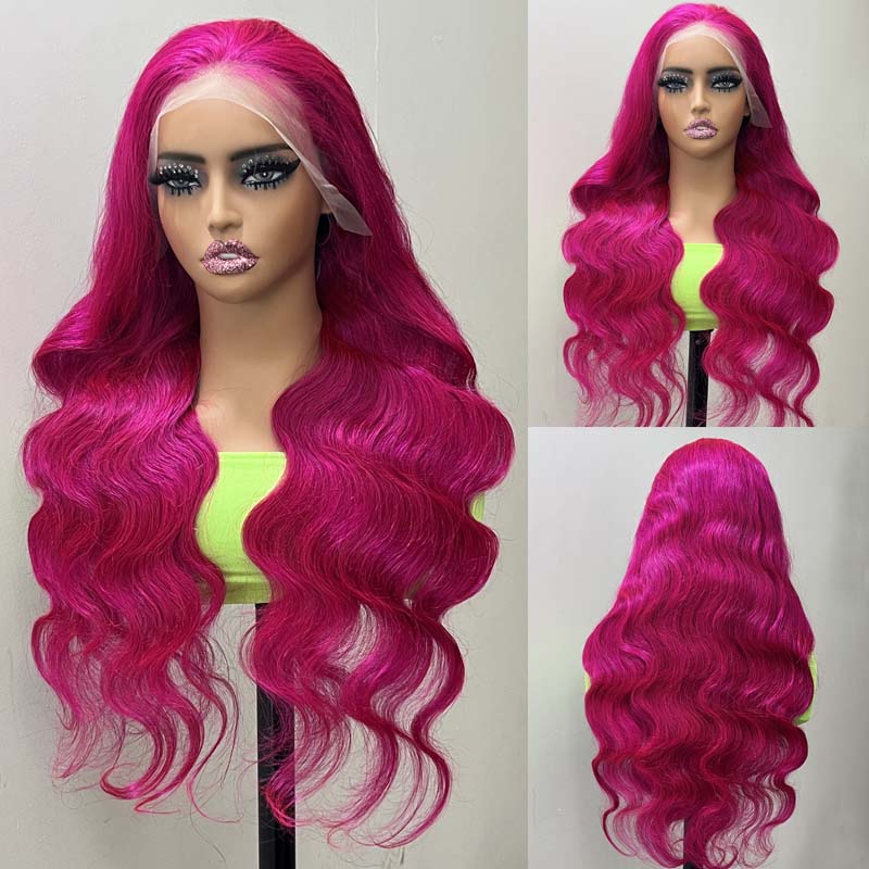 eullair New Fuchsia Pink Straight Human Hair Wig Rose Red Body Wave Lace Frontal Wig For Women