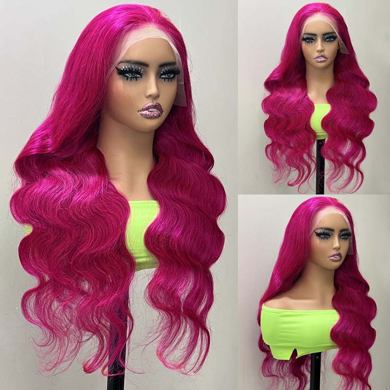 eullair New Fuchsia Pink Straight Human Hair Wig Rose Red Body Wave Lace Frontal Wig For Women