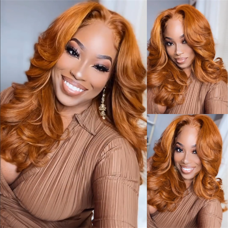 eullair Ginger Brown Body Wave Wig Glueless Pre Styled Layered Cut Curtain Bangs Human Hair Lace Frontal Wig