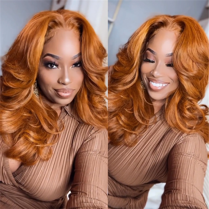 eullair Ginger Brown Body Wave Wig Glueless Pre Styled Layered Cut Curtain Bangs Human Hair Lace Frontal Wig